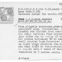 Index card with typed and handwritten information, sometimes including a sketch, of pottery from an excavation.