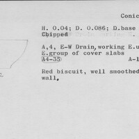 Index card with typed and handwritten information, sometimes including a sketch, of pottery from an excavation.