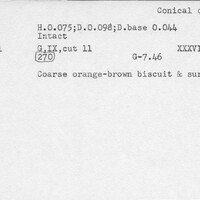 Index card with typed and handwritten information, sometimes including a sketch, of pottery from an excavation.