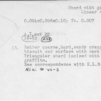 Index card with typed and handwritten information, sometimes including a sketch, of pottery from an excavation.