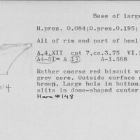 Index card with typed and handwritten information, sometimes including a sketch, of pottery from an excavation.