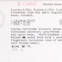 Index card with typed and handwritten information, sometimes including a sketch, of pottery from an excavation.
