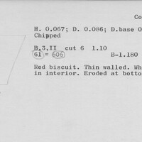 Index card with typed and handwritten information, sometimes including a sketch, of pottery from an excavation.