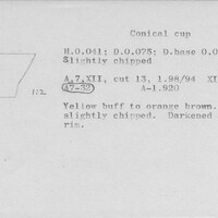 Index card with typed and handwritten information, sometimes including a sketch, of pottery from an excavation.