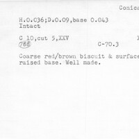 Index card with typed and handwritten information, sometimes including a sketch, of pottery from an excavation.