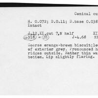 Index card with typed and handwritten information, sometimes including a sketch, of pottery from an excavation.