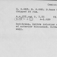 Index card with typed and handwritten information, sometimes including a sketch, of pottery from an excavation.