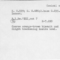 Index card with typed and handwritten information, sometimes including a sketch, of pottery from an excavation.