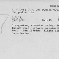 Index card with typed and handwritten information, sometimes including a sketch, of pottery from an excavation.