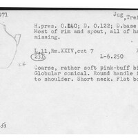 Index card with typed and handwritten information, sometimes including a sketch, of pottery from an excavation.