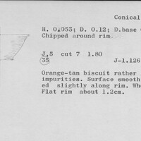 Index card with typed and handwritten information, sometimes including a sketch, of pottery from an excavation.