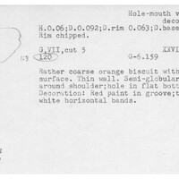 Index card with typed and handwritten information, sometimes including a sketch, of pottery from an excavation.