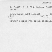 Index card with typed and handwritten information, sometimes including a sketch, of pottery from an excavation.