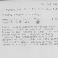 Index card with typed and handwritten information, sometimes including a sketch, of pottery from an excavation.