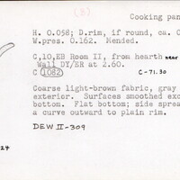 Index card with typed and handwritten information, sometimes including a sketch, of pottery from an excavation.