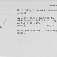 Index card with typed and handwritten information, sometimes including a sketch, of pottery from an excavation.