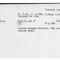 Index card with typed and handwritten information, sometimes including a sketch, of pottery from an excavation.