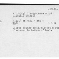 Index card with typed and handwritten information, sometimes including a sketch, of pottery from an excavation.