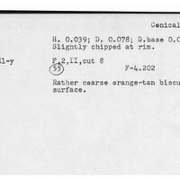 Index card with typed and handwritten information, sometimes including a sketch, of pottery from an excavation.
