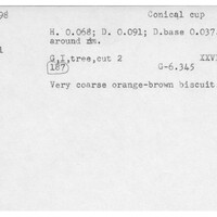 Index card with typed and handwritten information, sometimes including a sketch, of pottery from an excavation.