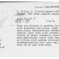 Index card with typed and handwritten information, sometimes including a sketch, of pottery from an excavation.