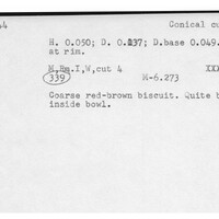 Index card with typed and handwritten information, sometimes including a sketch, of pottery from an excavation.