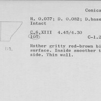 Index card with typed and handwritten information, sometimes including a sketch, of pottery from an excavation.