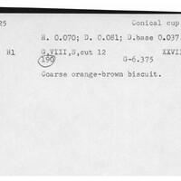 Index card with typed and handwritten information, sometimes including a sketch, of pottery from an excavation.