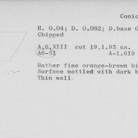 Index card with typed and handwritten information, sometimes including a sketch, of pottery from an excavation.