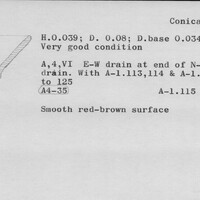 Index card with typed and handwritten information, sometimes including a sketch, of pottery from an excavation.