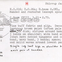 Index card with typed and handwritten information, sometimes including a sketch, of pottery from an excavation.