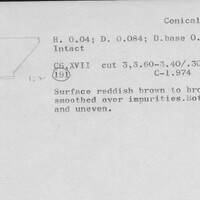 Index card with typed and handwritten information, sometimes including a sketch, of pottery from an excavation.