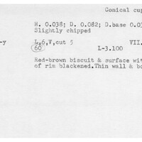 Index card with typed and handwritten information, sometimes including a sketch, of pottery from an excavation.