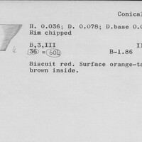 Index card with typed and handwritten information, sometimes including a sketch, of pottery from an excavation.