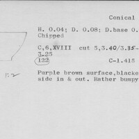 Index card with typed and handwritten information, sometimes including a sketch, of pottery from an excavation.