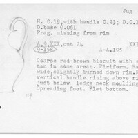 Index card with typed and handwritten information, sometimes including a sketch, of pottery from an excavation.
