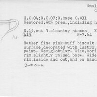 Index card with typed and handwritten information, sometimes including a sketch, of pottery from an excavation.