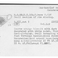 Index card with typed and handwritten information, sometimes including a sketch, of pottery from an excavation.