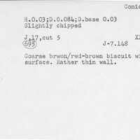 Index card with typed and handwritten information, sometimes including a sketch, of pottery from an excavation.