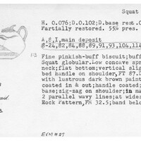Index card with typed and handwritten information, sometimes including a sketch, of pottery from an excavation.