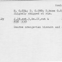 Index card with typed and handwritten information, sometimes including a sketch, of pottery from an excavation.
