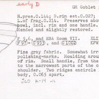 Index card with typed and handwritten information, sometimes including a sketch, of pottery from an excavation.