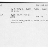 Index card with typed and handwritten information, sometimes including a sketch, of pottery from an excavation.