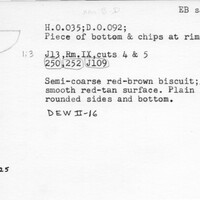 Index card with typed and handwritten information, sometimes including a sketch, of pottery from an excavation.