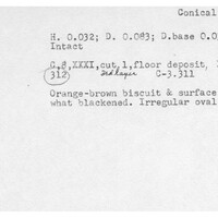 Index card with typed and handwritten information, sometimes including a sketch, of pottery from an excavation.