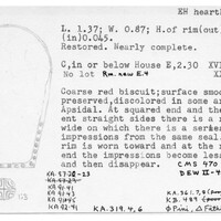 Index card with typed and handwritten information, sometimes including a sketch, of pottery from an excavation.
