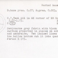 Index card with typed and handwritten information, sometimes including a sketch, of pottery from an excavation.