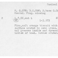 Index card with typed and handwritten information, sometimes including a sketch, of pottery from an excavation.