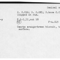 Index card with typed and handwritten information, sometimes including a sketch, of pottery from an excavation.