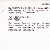 Index card with typed and handwritten information, sometimes including a sketch, of pottery from an excavation.